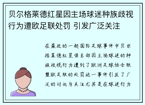 贝尔格莱德红星因主场球迷种族歧视行为遭欧足联处罚 引发广泛关注